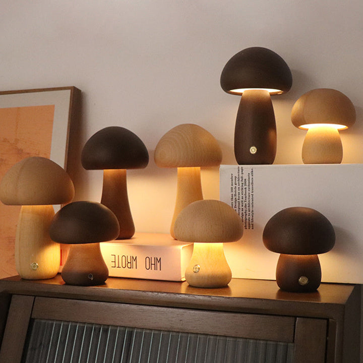 Lampe de Table Champignon en Bois Rechargeable