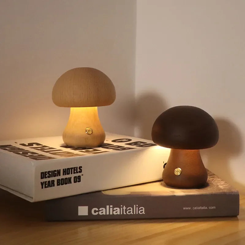 Lampe de Table Champignon en Bois Rechargeable